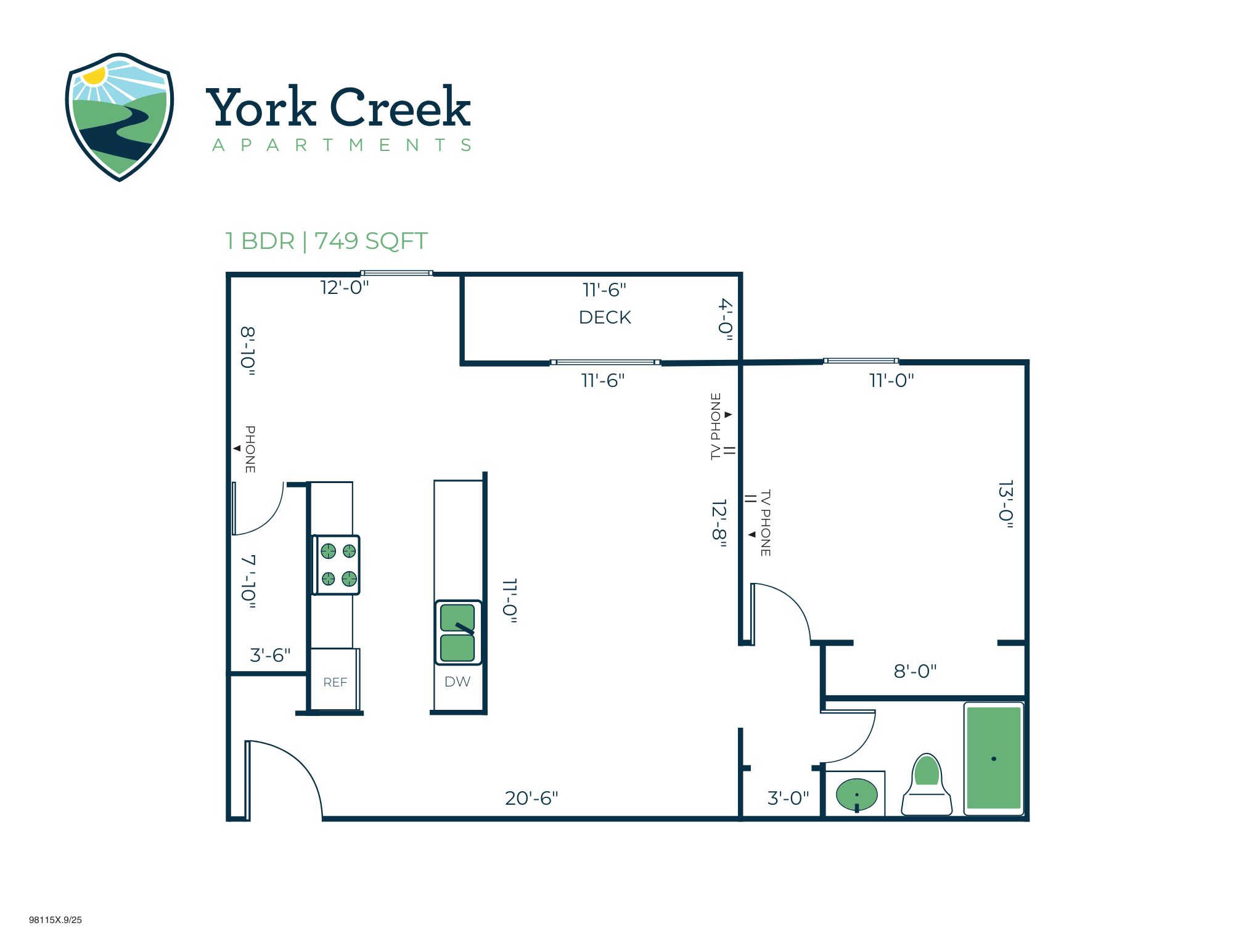 Floor plan for 1 bed, 1 bath, 749 sqft